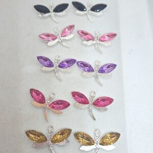 Elegant Silver Dragonfly Charms With Rhinstones. 5 Pairs